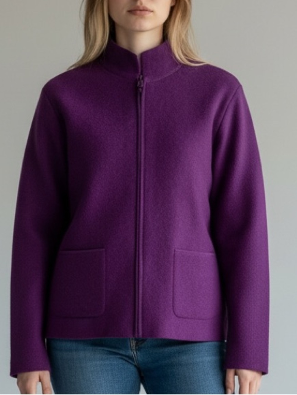 vintage Eileen Fisher Boiled Wool Full-Zip High-Collar Cardigan Purple Size S